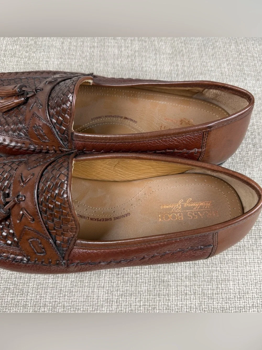Brass Boot Men's 10 Brown Leather Woven Tassel Loafers Shoes Academia Preppy